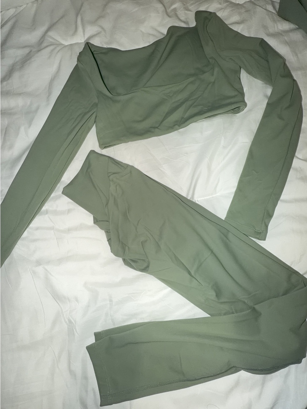 Sage Green One-Shoulder Crop Top & High-Waist Pants Set